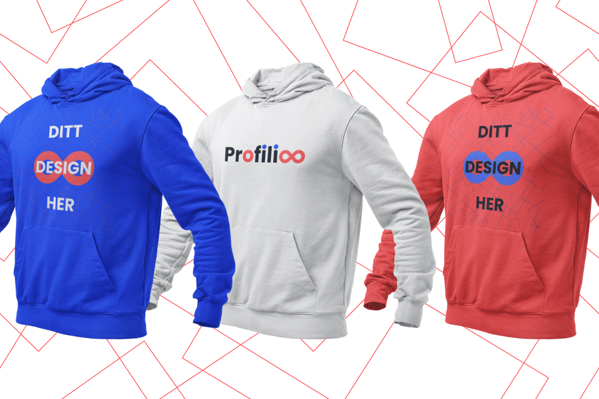 Fra ide til ferdig produkt Illustrasjon av 3 hettegensere med trykk på brystet